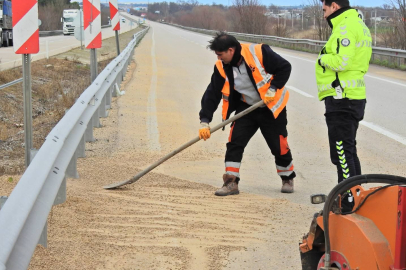 KAMYONDAN YOLA DÖKÜLEN PELETLER TRAFİĞİ AKSATTI
